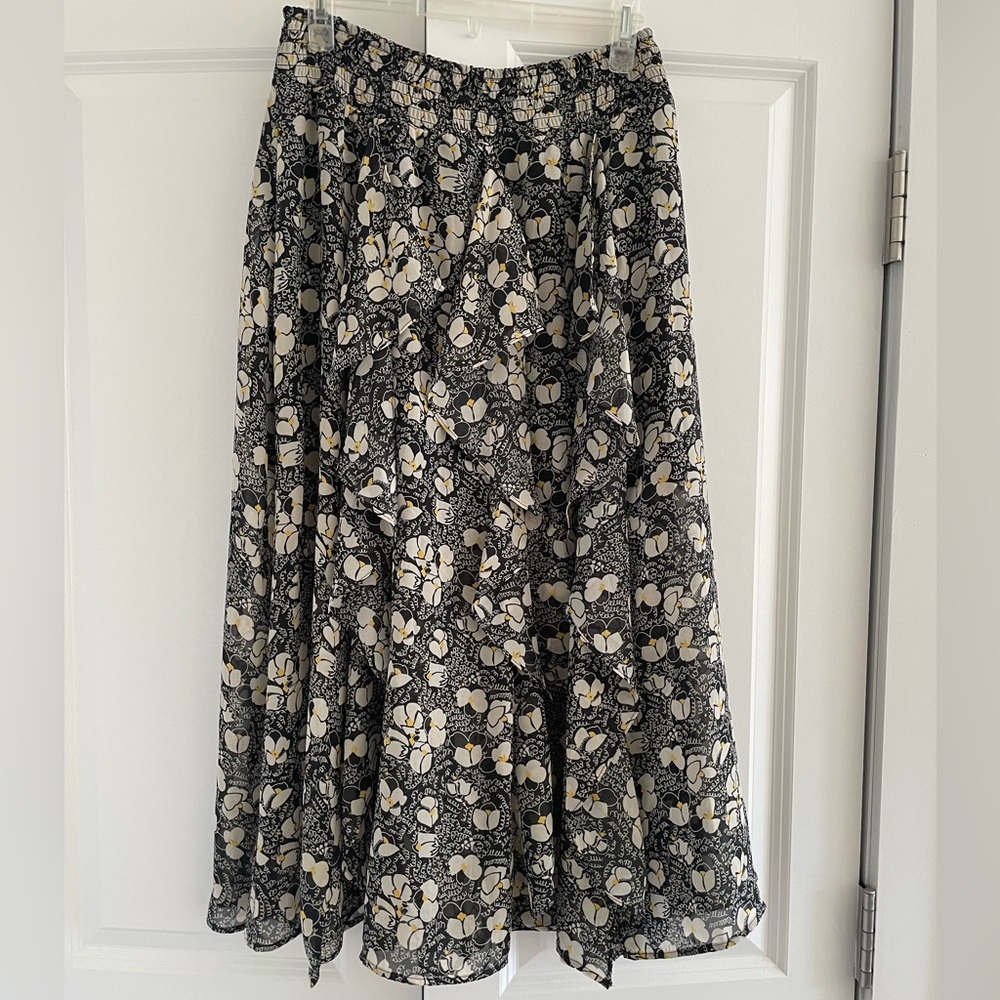 Topshop Black and Cream Floral A-Line Midi Skirt